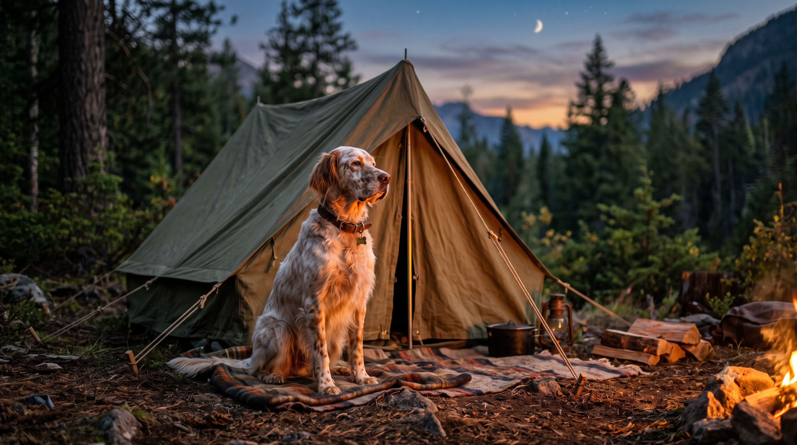 English Setter sitting beside a tent at a forest campsite at dusk, camping with dogs tent tips