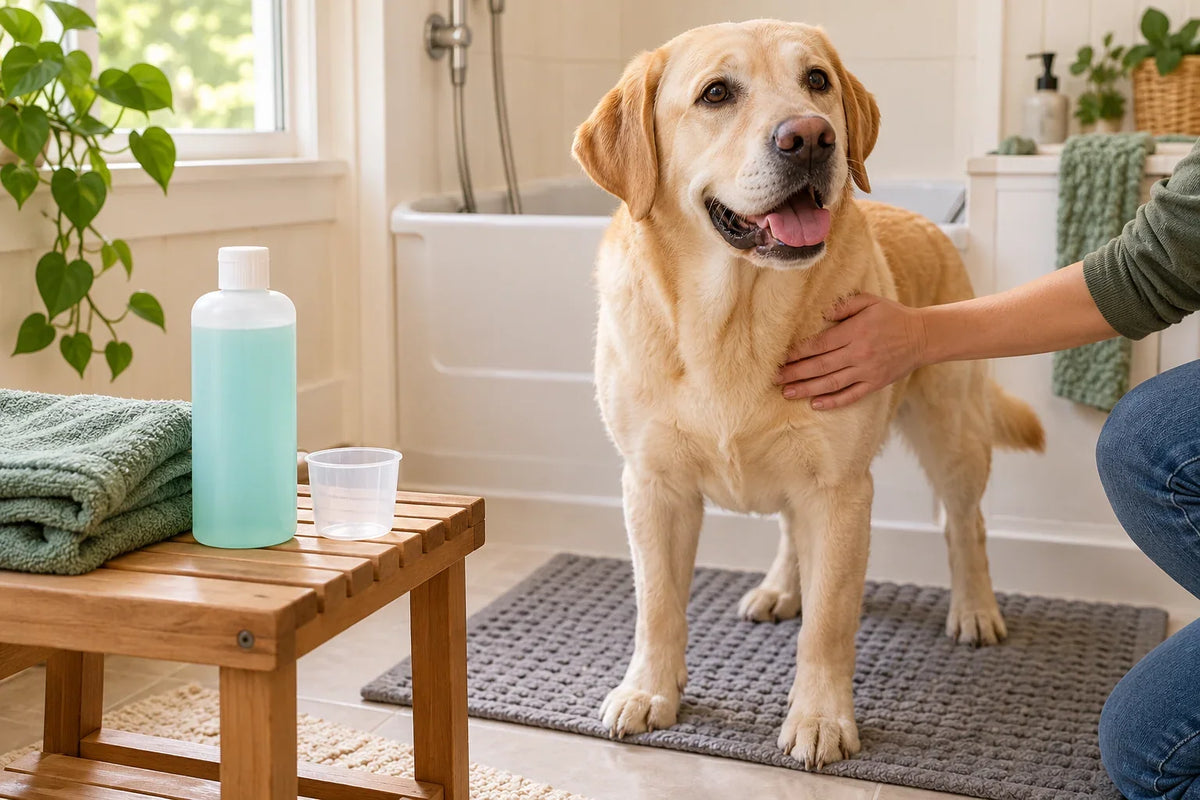 Dog on a bath mat beside a closed antiseptic-shampoo bottle, measuring cup and folded towels.