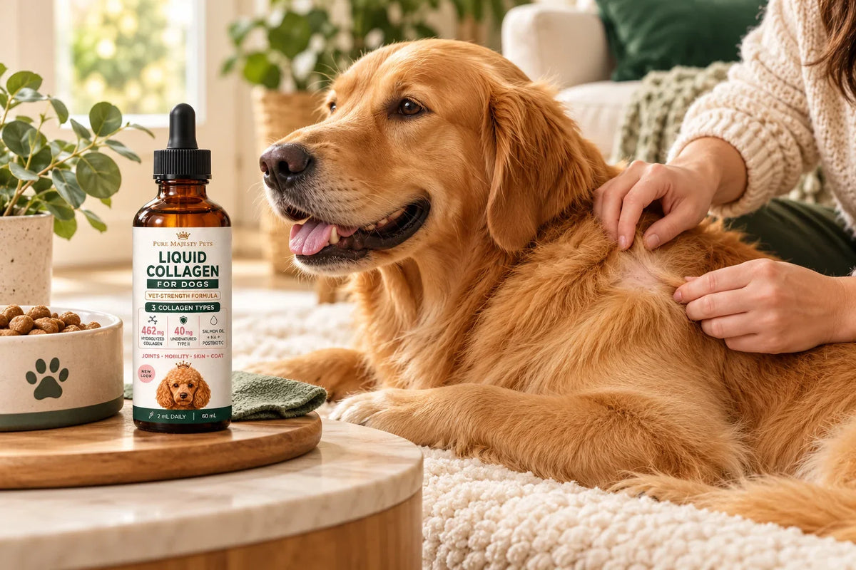 Owner parting a dog's coat beside Pure Majesty Pets liquid collagen and a food bowl.