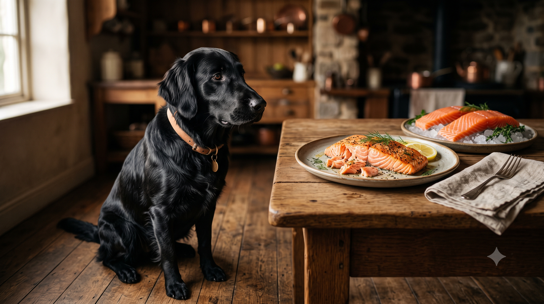 Flat-Coated Retriever sitting beside a plate of cooked salmon, how to cook salmon for dogs guide