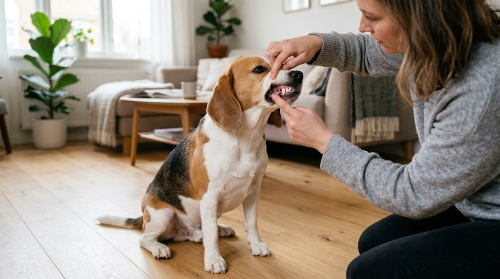 Dog owner lifting a beagle's lip to check teeth and gums during a weekly dental check
