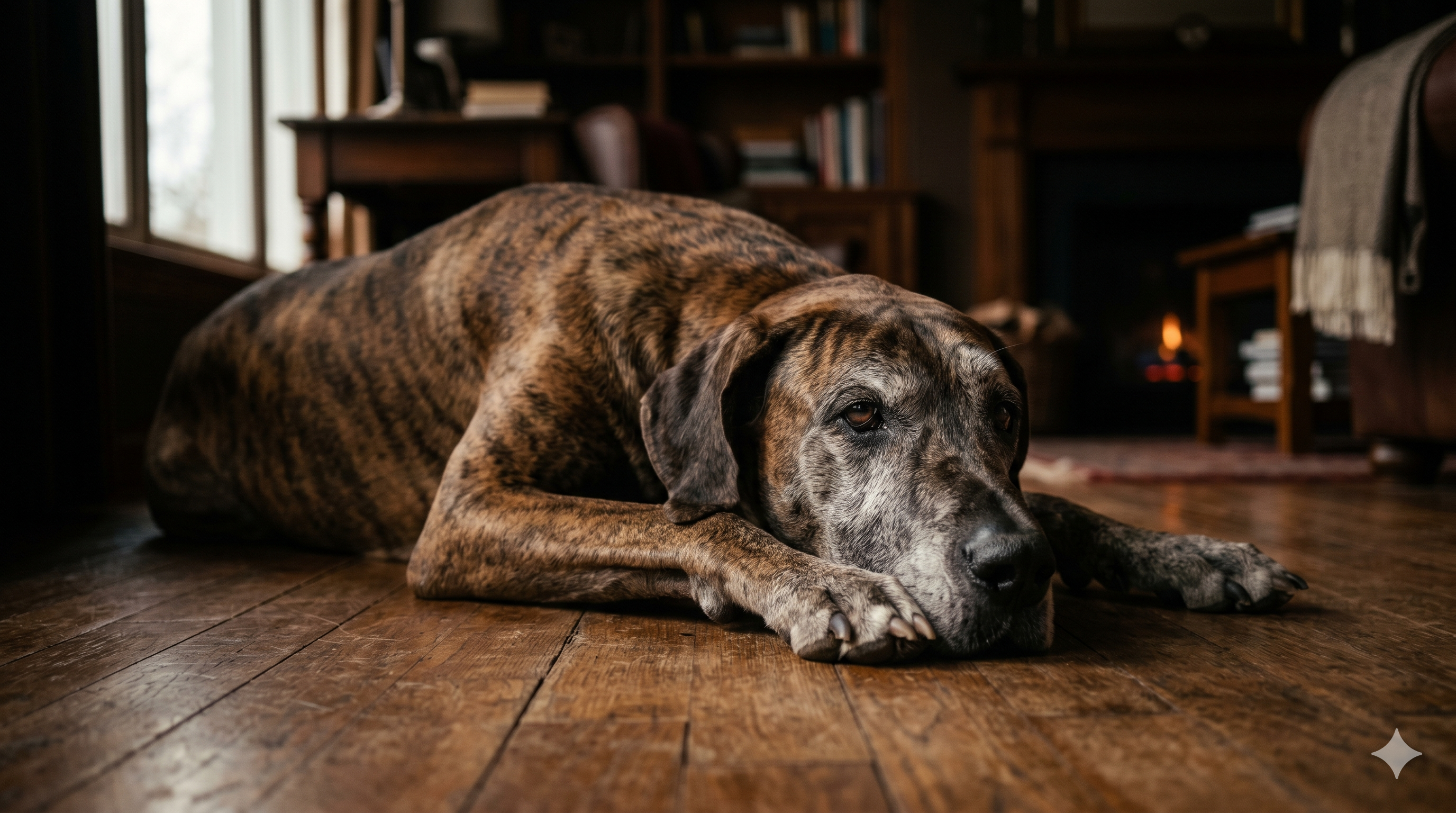 Senior Great Dane resting comfortably at home, illustrating dog arthritis medicine and joint pain relief