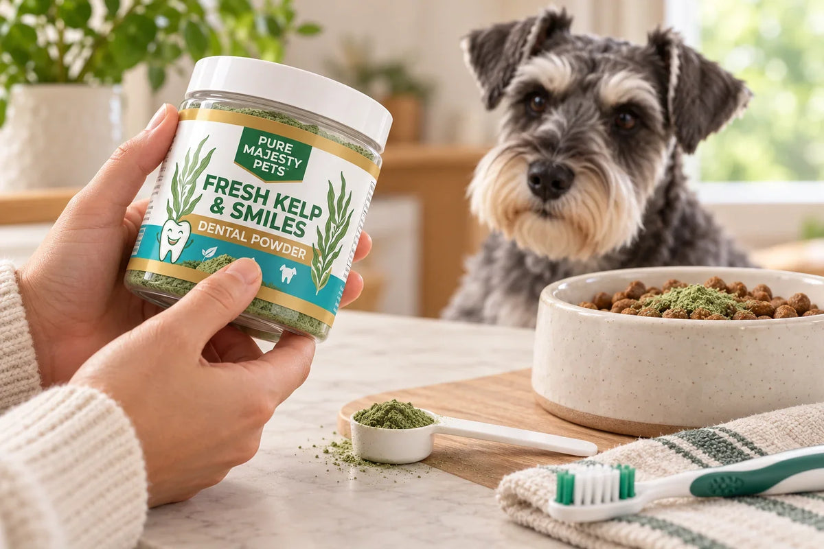 Owner checking Pure Majesty Pets dental powder beside a small level scoop and dog toothbrush.