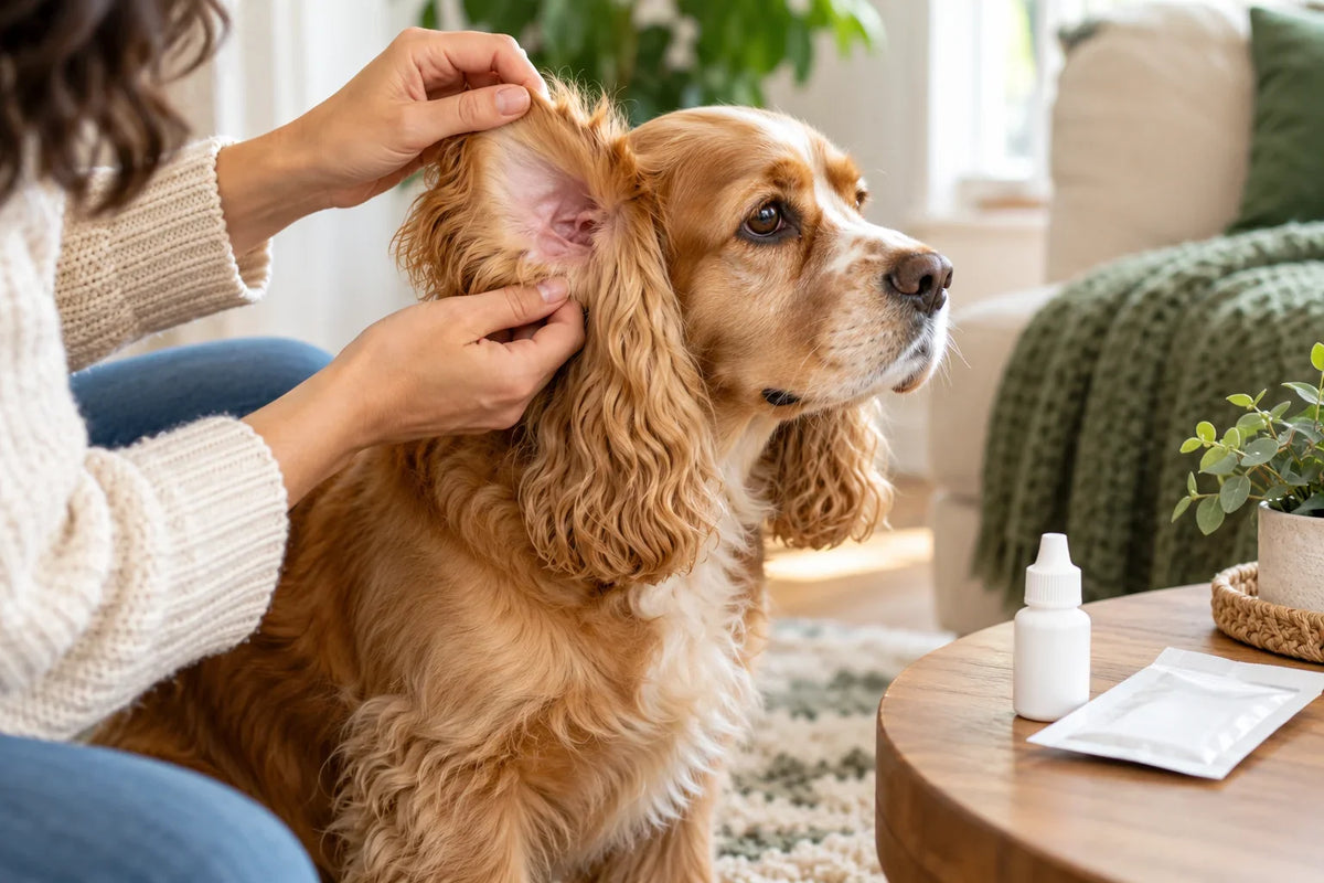 Illustration of an owner lifting a spaniel's ear flap beside a closed ear-drop bottle and prescription packet.