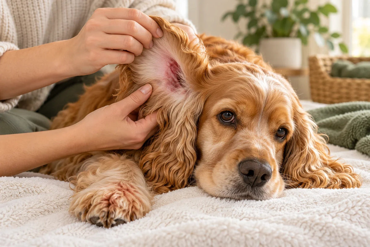 Editorial illustration of a dog's outer ear and paw being checked for mild skin changes.