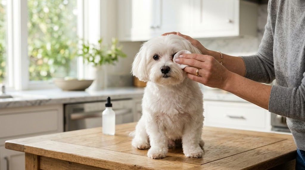 Owner using a dog eye cleaner on a white Maltese, wiping the inner corner of the eye with a soft cotton pad