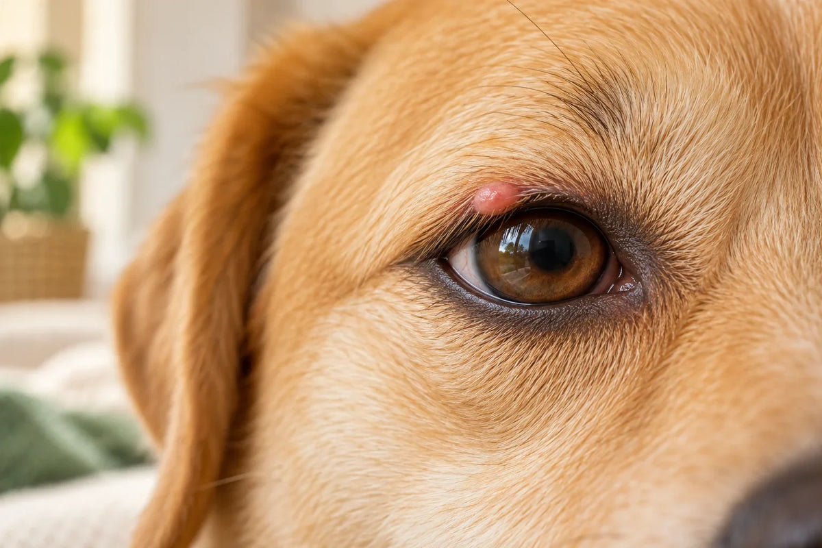 Editorial illustration of a dog's eyelid with a small localized pink bump along the lid margin.