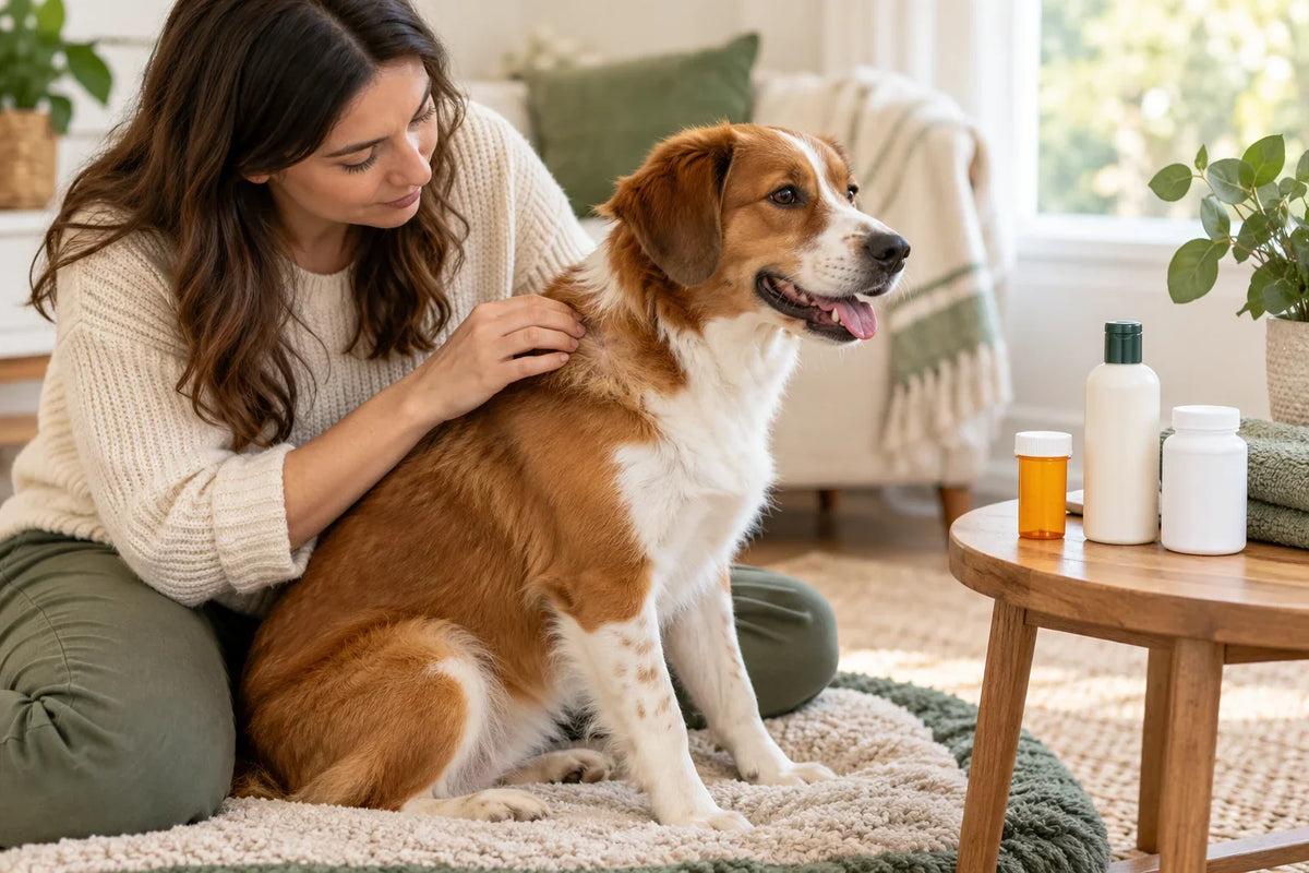 Dog being checked for skin irritation beside a shampoo bottle, closed medicine container and care towel.