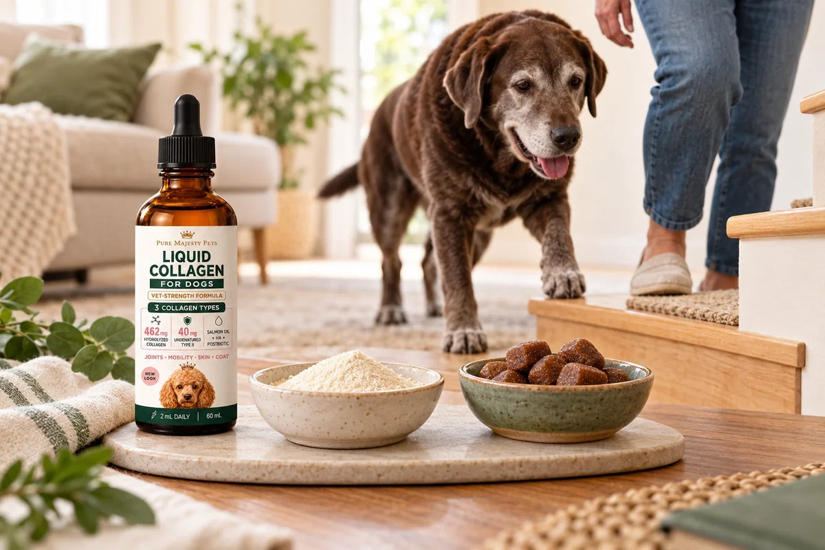 Liquid collagen, powder and soft-chew formats on a table beside an older dog approaching a low step.