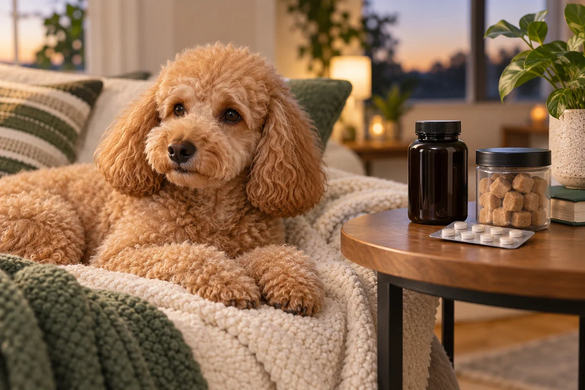 Resting dog beside a table with closed supplement containers and small dishes representing chew and tablet formats.