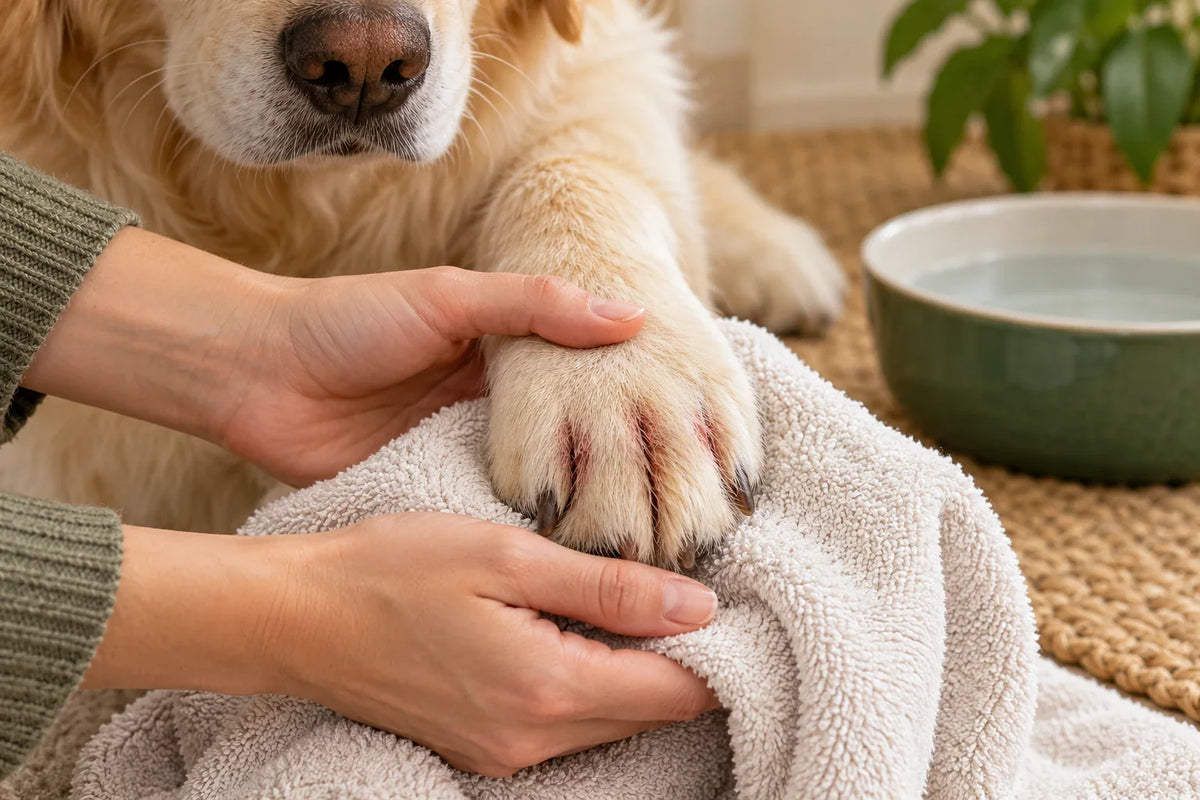 Illustration of a dog's paw with mild reddish-brown fur staining being examined over a dry towel beside a clean rinse bowl.