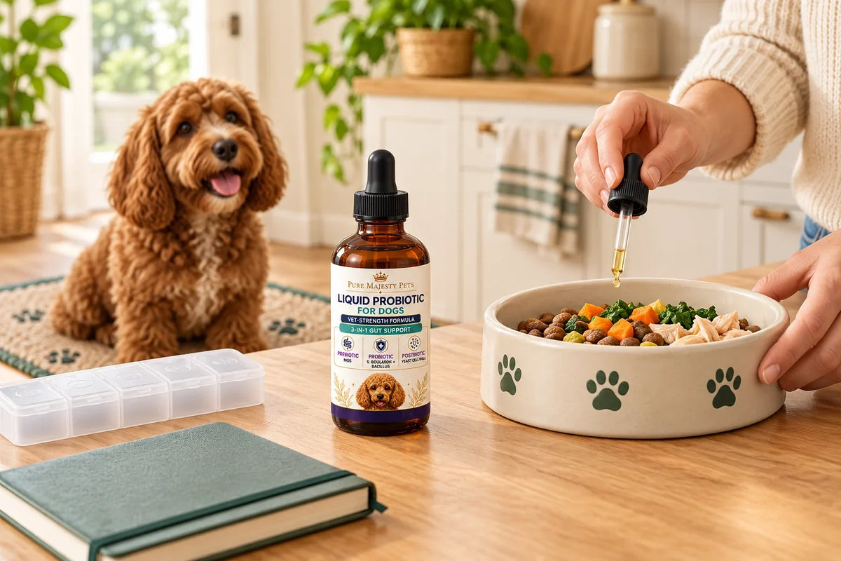 Pure Majesty Pets liquid probiotic beside a dog's meal bowl and a closed medicine organizer.