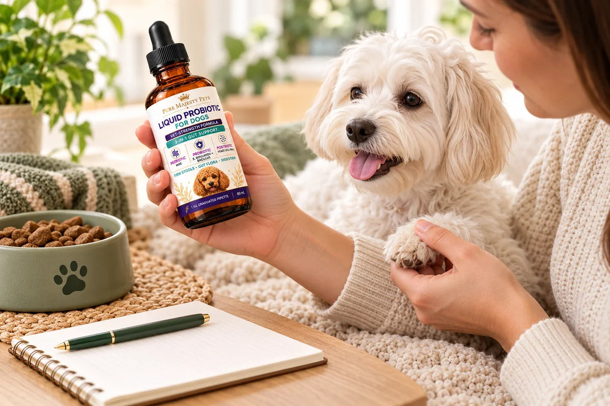 Owner checking the label of Pure Majesty Pets liquid probiotic beside a dog's food bowl and care notes.