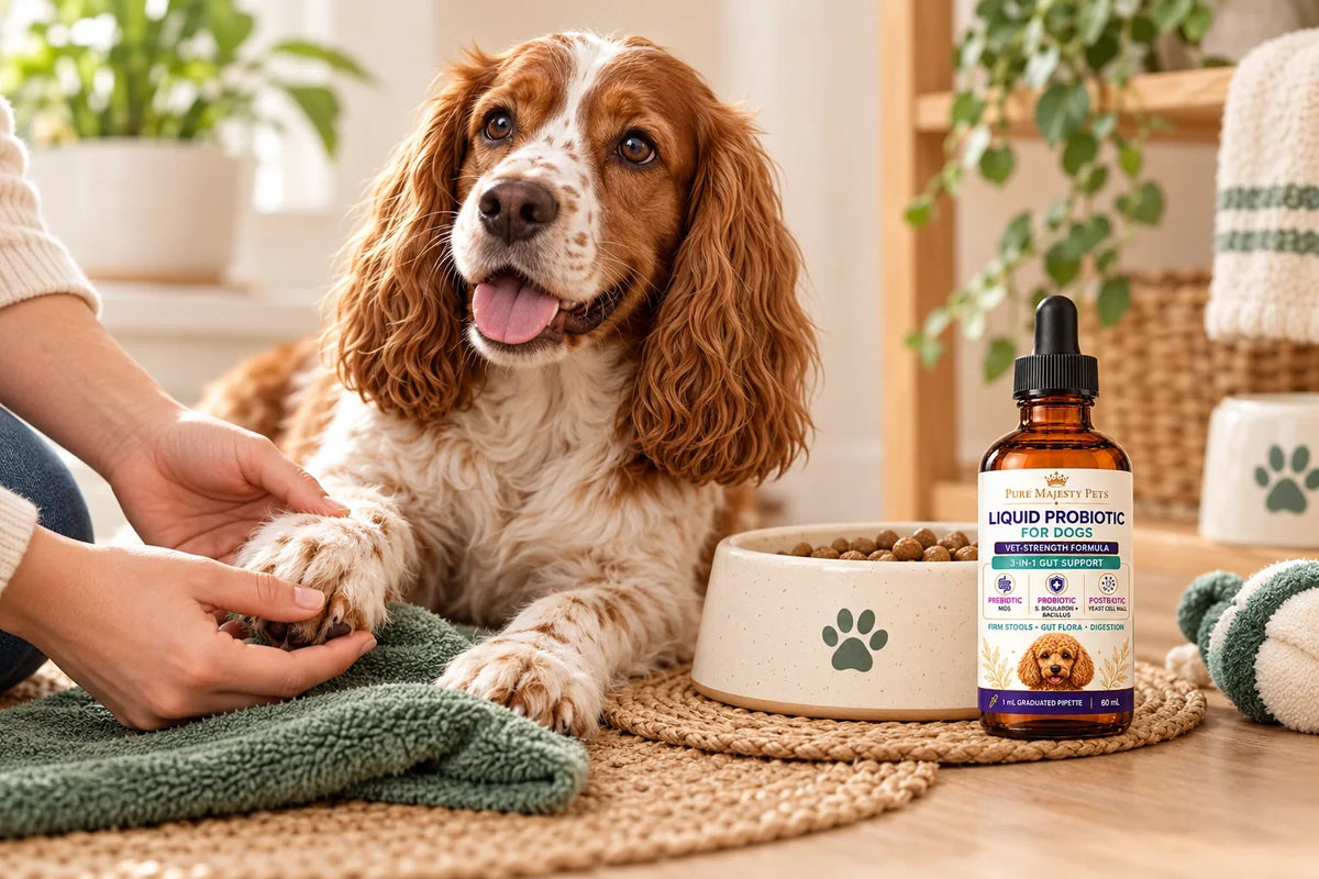 Pure Majesty Pets liquid probiotic beside a dog-food bowl while an owner checks a spaniel's paw.