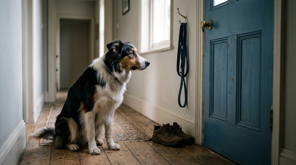 Border collie waiting alone by a closed front door, illustrating separation anxiety in dogs
