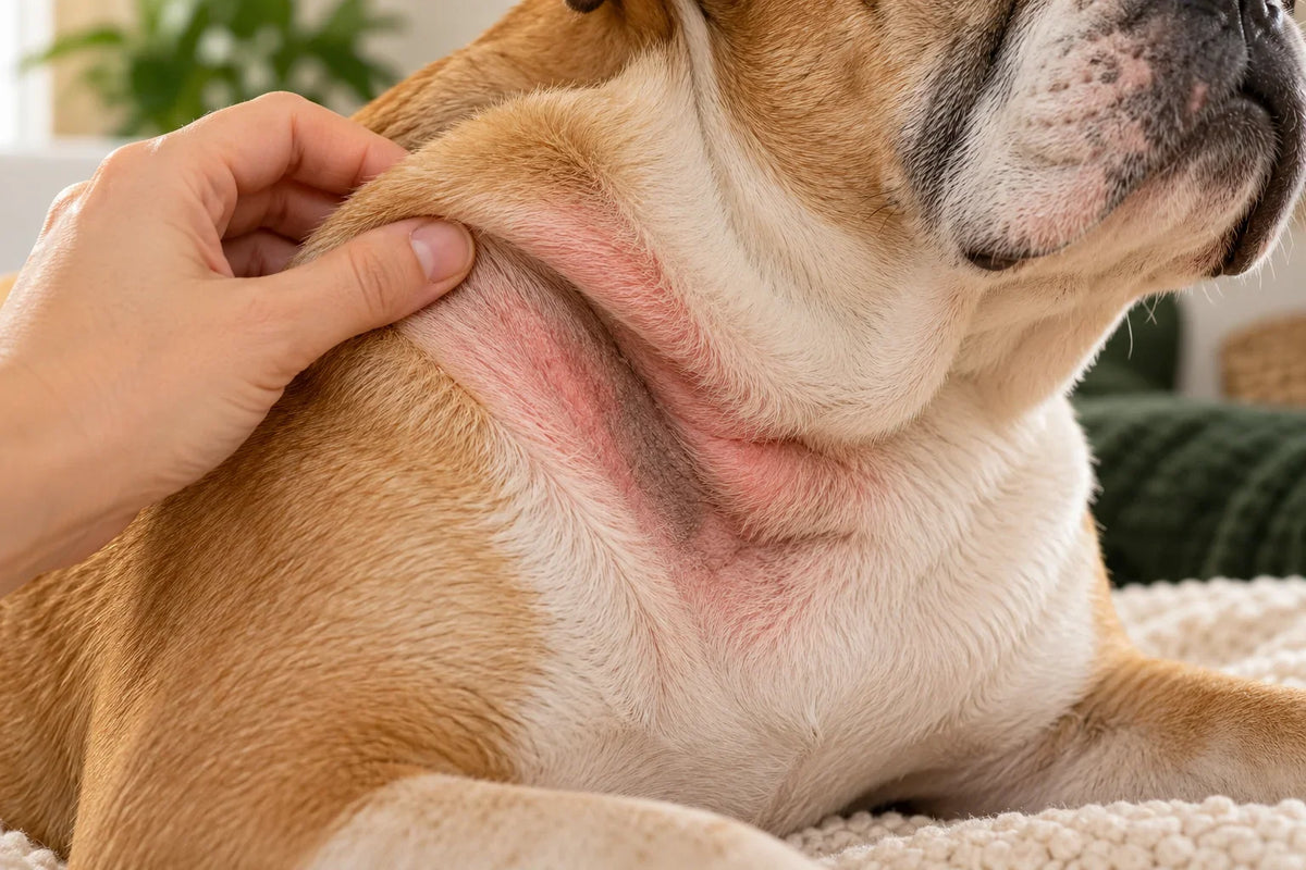 Editorial illustration of mild pinkness and darker skin in a dog's skin fold, representing signs discussed in the guide.