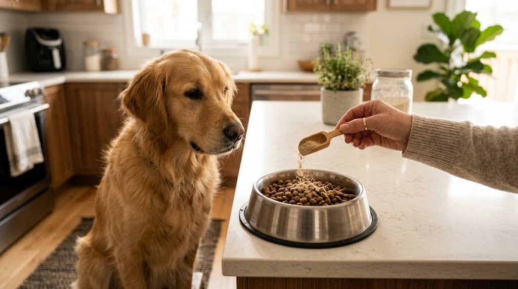 Owner sprinkling dog teeth cleaning powder over a bowl of kibble beside a golden retriever