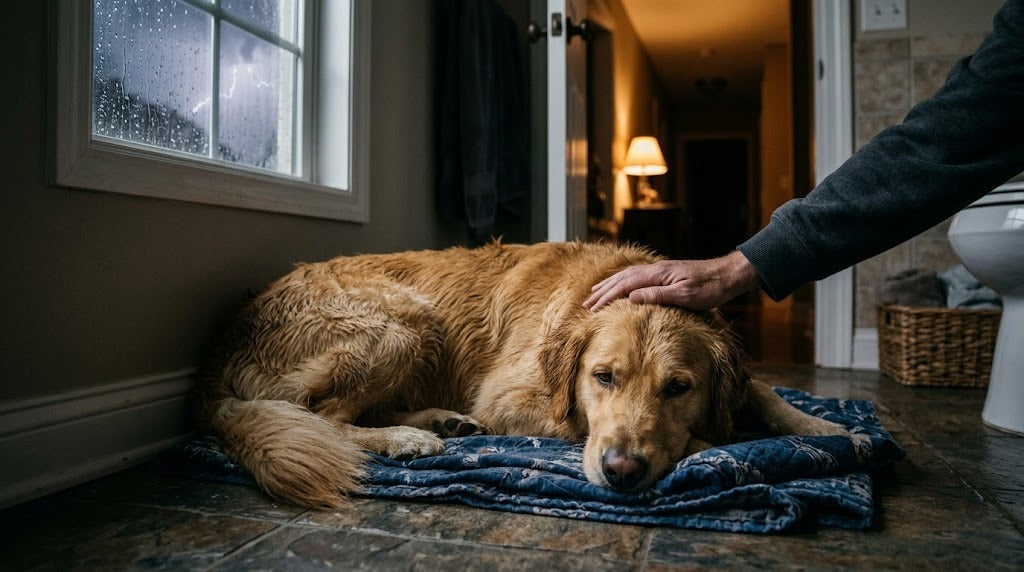 Dog resting calmly in a dim bathroom during a thunderstorm while an owner's hand rests on its shoulder
