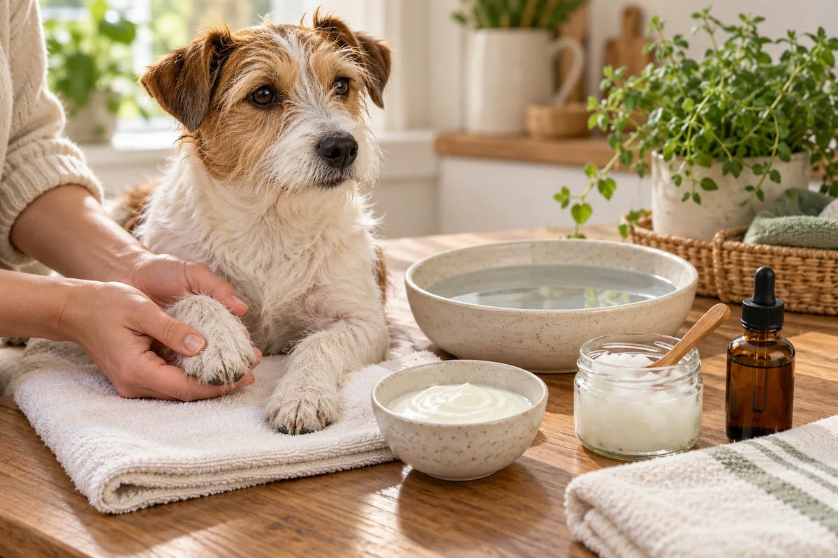 Dog resting beside a paw-care bowl, folded towel, plain yogurt and coconut oil, illustrating home-care options discussed in the guide.