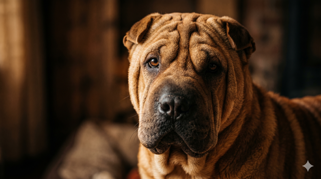 Close-up of a healthy wrinkled Shar Pei dog, illustrating dog yeast infection signs on skin and ears