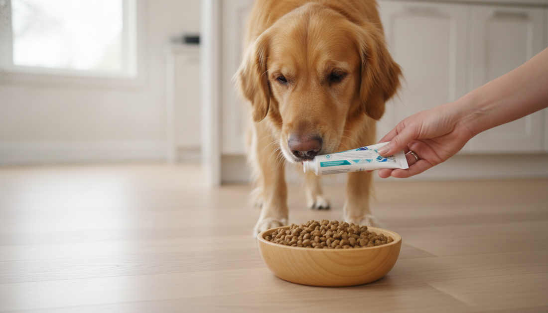 Golden retriever sniffing a tube of dog toothpaste next to a bowl of kibble