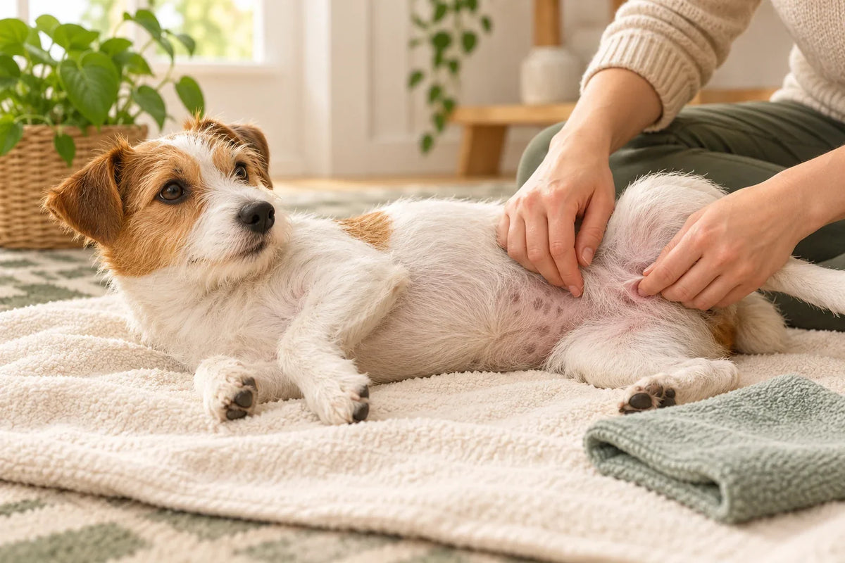 Editorial illustration of a female dog resting on a towel while its owner checks the lower belly and surrounding coat.