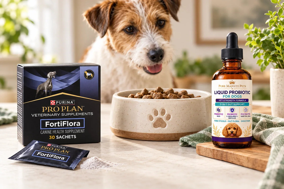 FortiFlora sachet box beside Pure Majesty Pets liquid probiotic, a food bowl and a waiting dog.