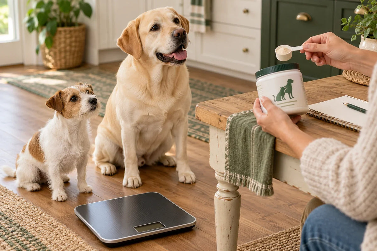Hands holding a supplement container and scoop beside two dogs and a floor scale