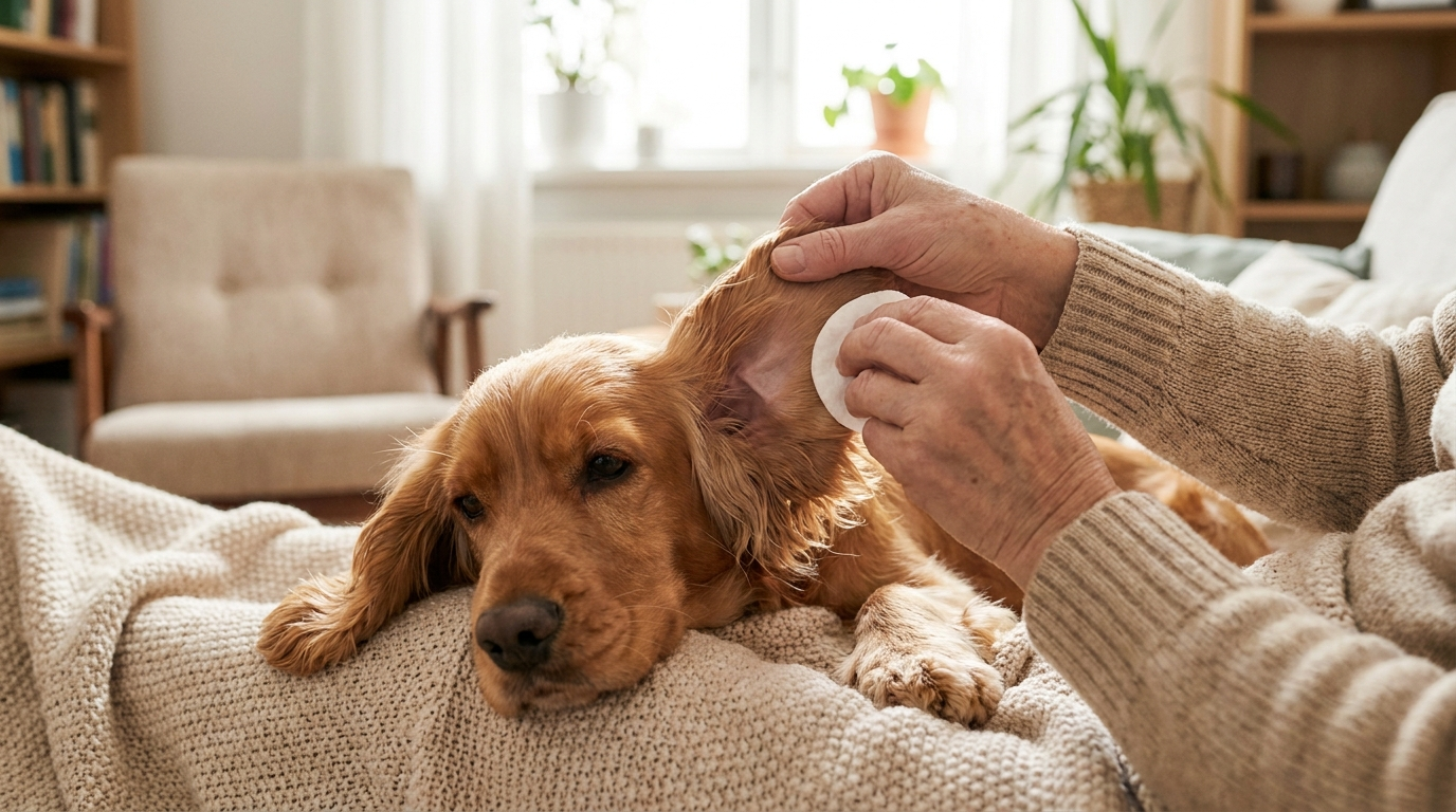 A floppy-eared dog having one ear gently checked at home, illustrating home remedies for dog ear infection care in Canada