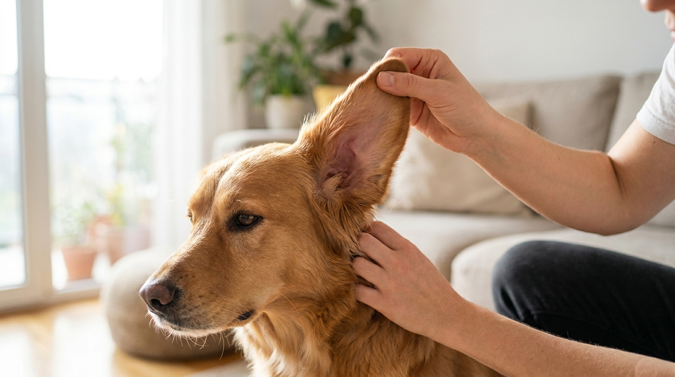 Calm dog having its ear examined at home, illustrating dog ear infection yeast vs. bacterial differences
