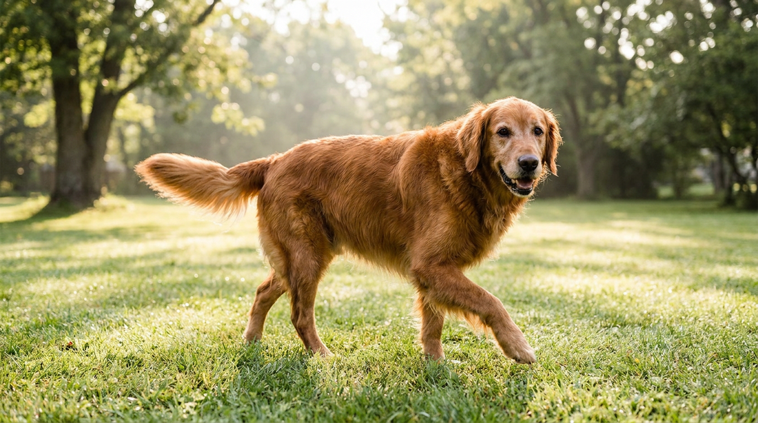 Happy healthy senior dog walking comfortably outdoors, illustrating natural anti-inflammatory support for dogs