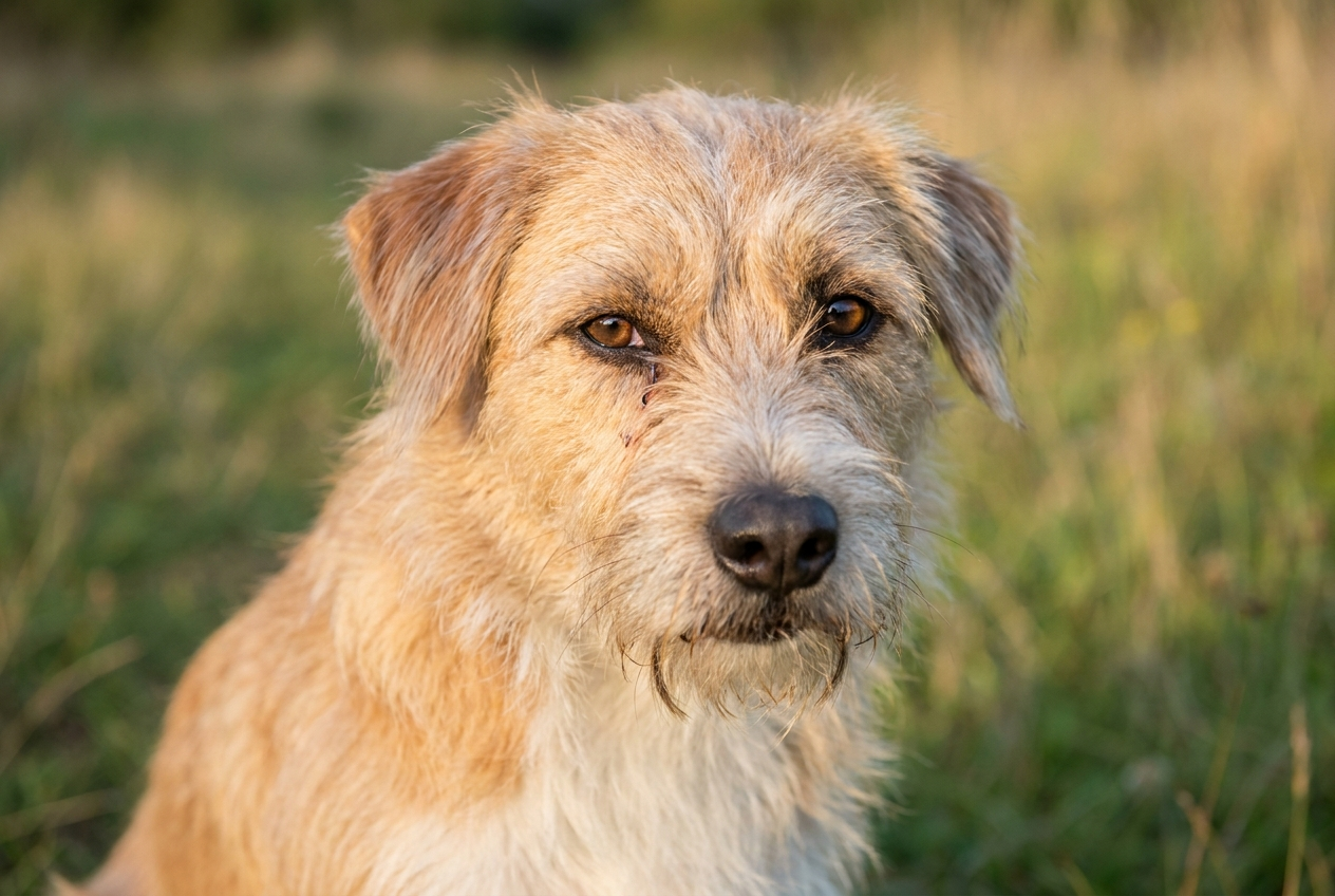 Close-up of a dog squinting one eye and holding it partly closed, a common sign of eye pain