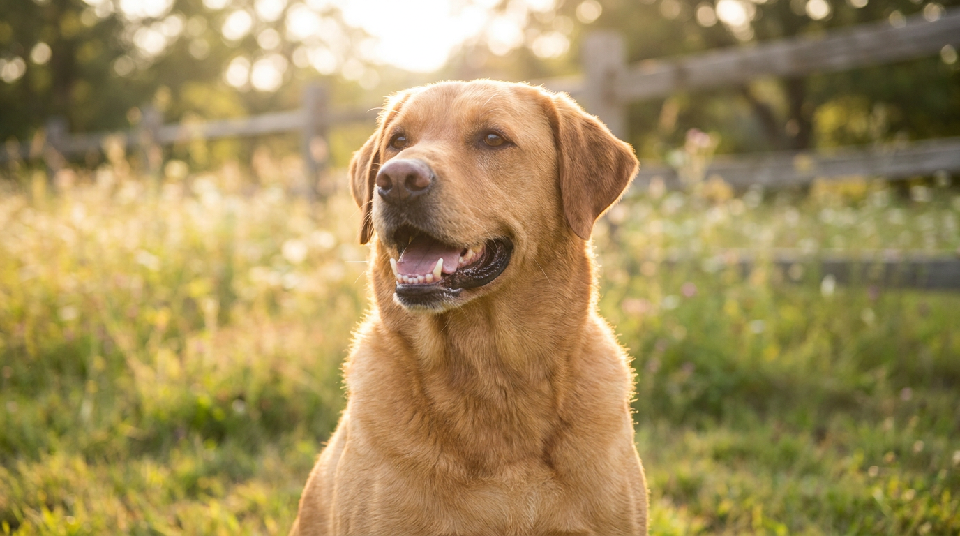 Healthy large-breed dog with clean white teeth outdoors