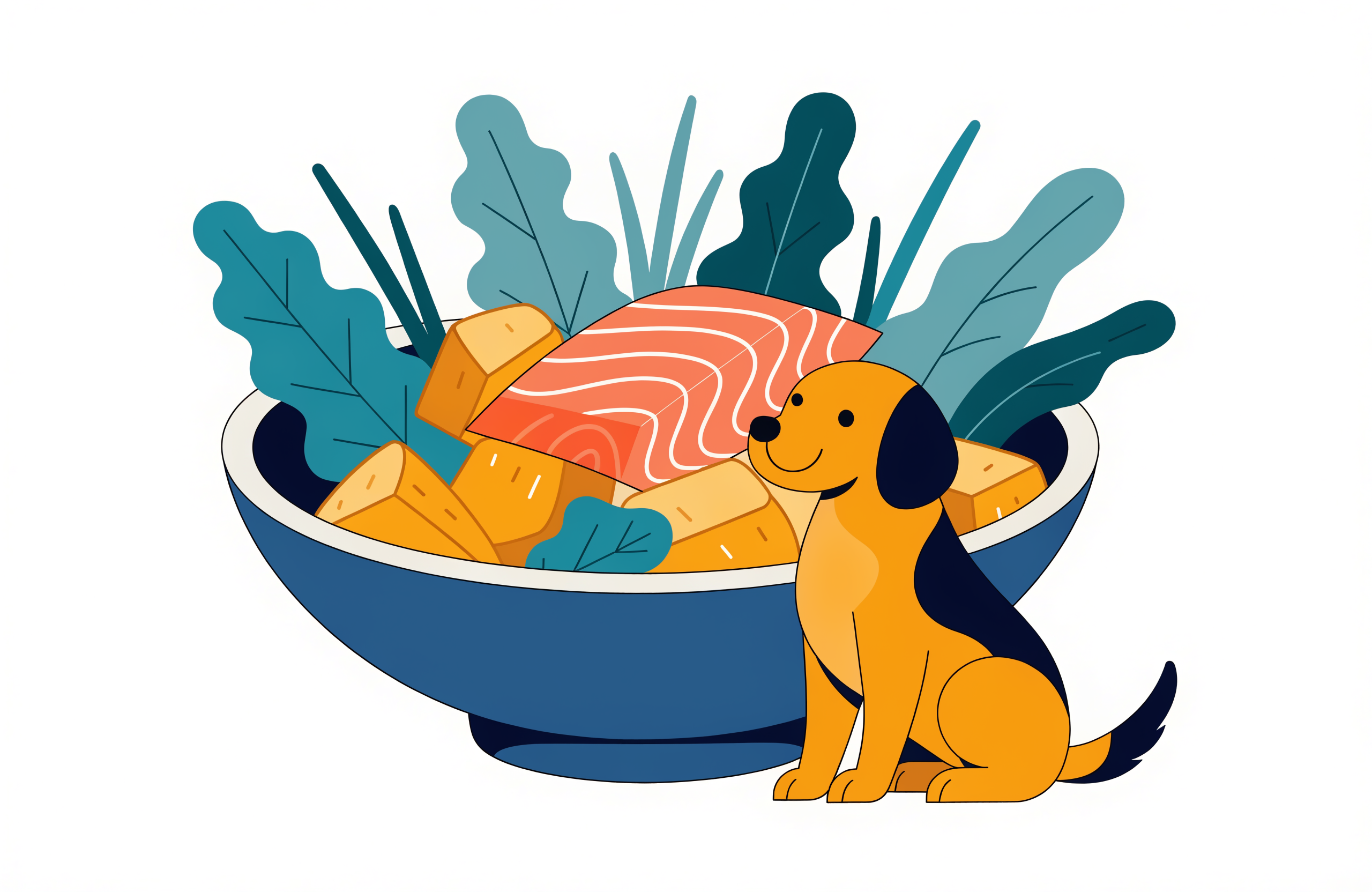 Best dog food for allergies and yeast infections: dog beside a bowl of novel-protein food with salmon and sweet potato