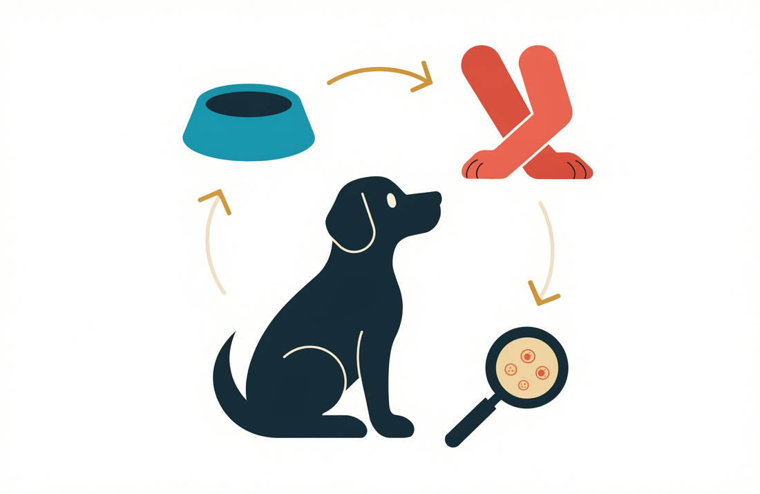 Veterinarian examining a dog with itchy skin, illustrating ketoconazole for dogs prescribed for a Malassezia yeast infection