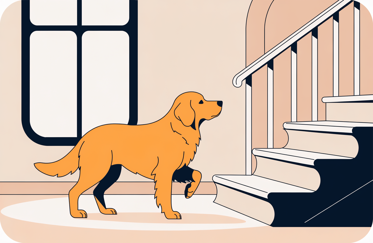 Glucosamine chews for dogs — senior dog pausing at the bottom of a staircase, an early sign of joint stiffness