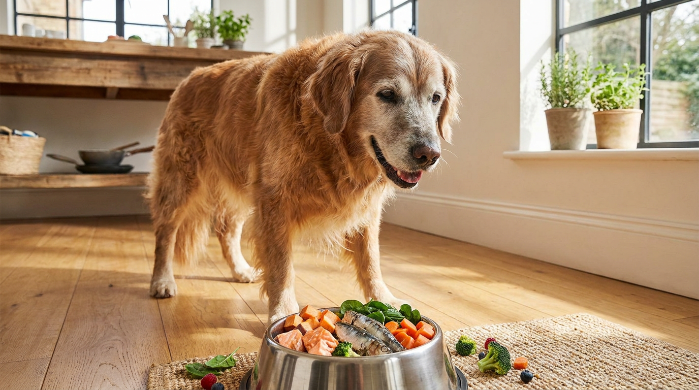 Healthy senior dog beside a bowl of joint-supporting dog food with salmon and vegetables
