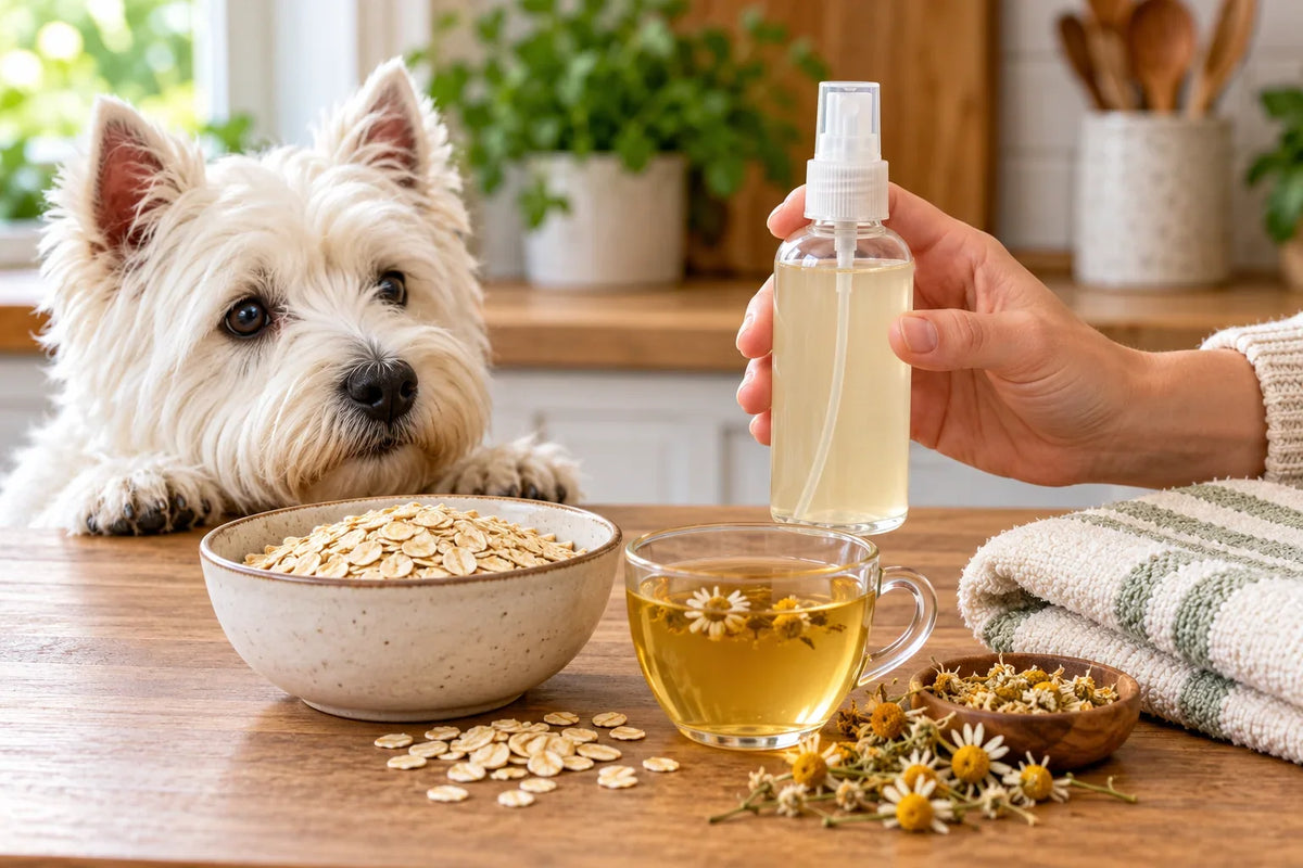 Plain spray bottle with oats, chamomile tea and a clean towel beside a terrier, illustrating homemade anti-itch spray recipes.
