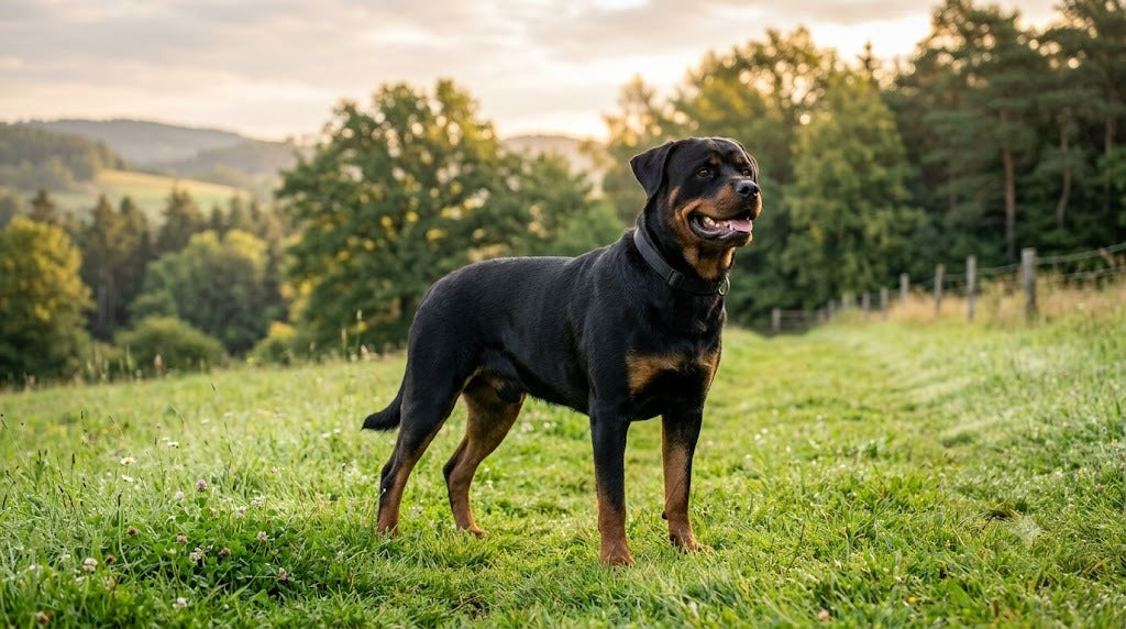 Joint supplements for Rottweilers — healthy adult Rottweiler standing outdoors on grass, Pure Majesty Pets