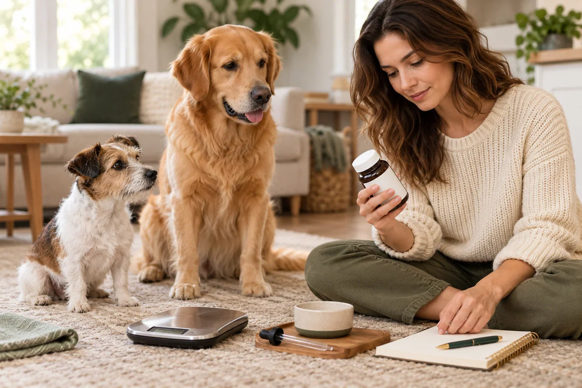 Owner comparing a closed supplement bottle with a blank weight record beside a small dog and a larger dog.