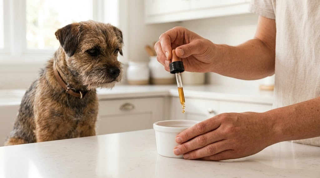 Hands measuring a small dose of liquid with a glass dropper beside a calm terrier