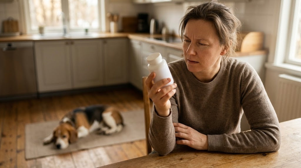 Dog owner carefully reading the ingredient panel on a supplement bottle with a calm beagle nearby