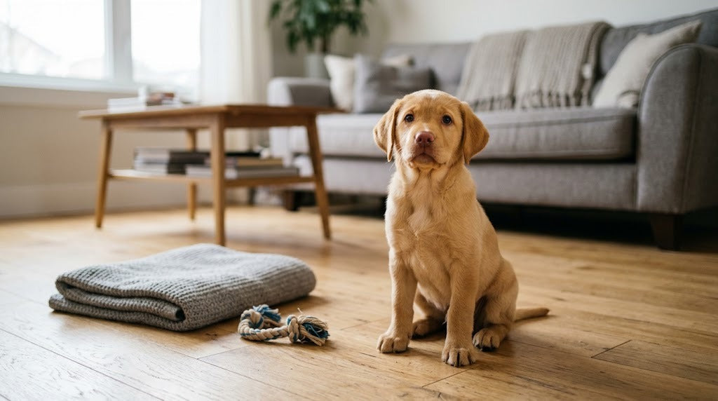 Labrador puppy sitting calmly on a living room floor in soft daylight beside a blanket and rope toy