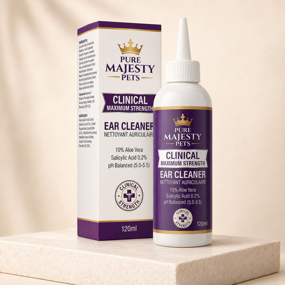 Pure Majesty Pets Dog Ear Cleaner 120 mL bottle, our #1 pick in the 2026 US ranking of the best dog ear cleaners