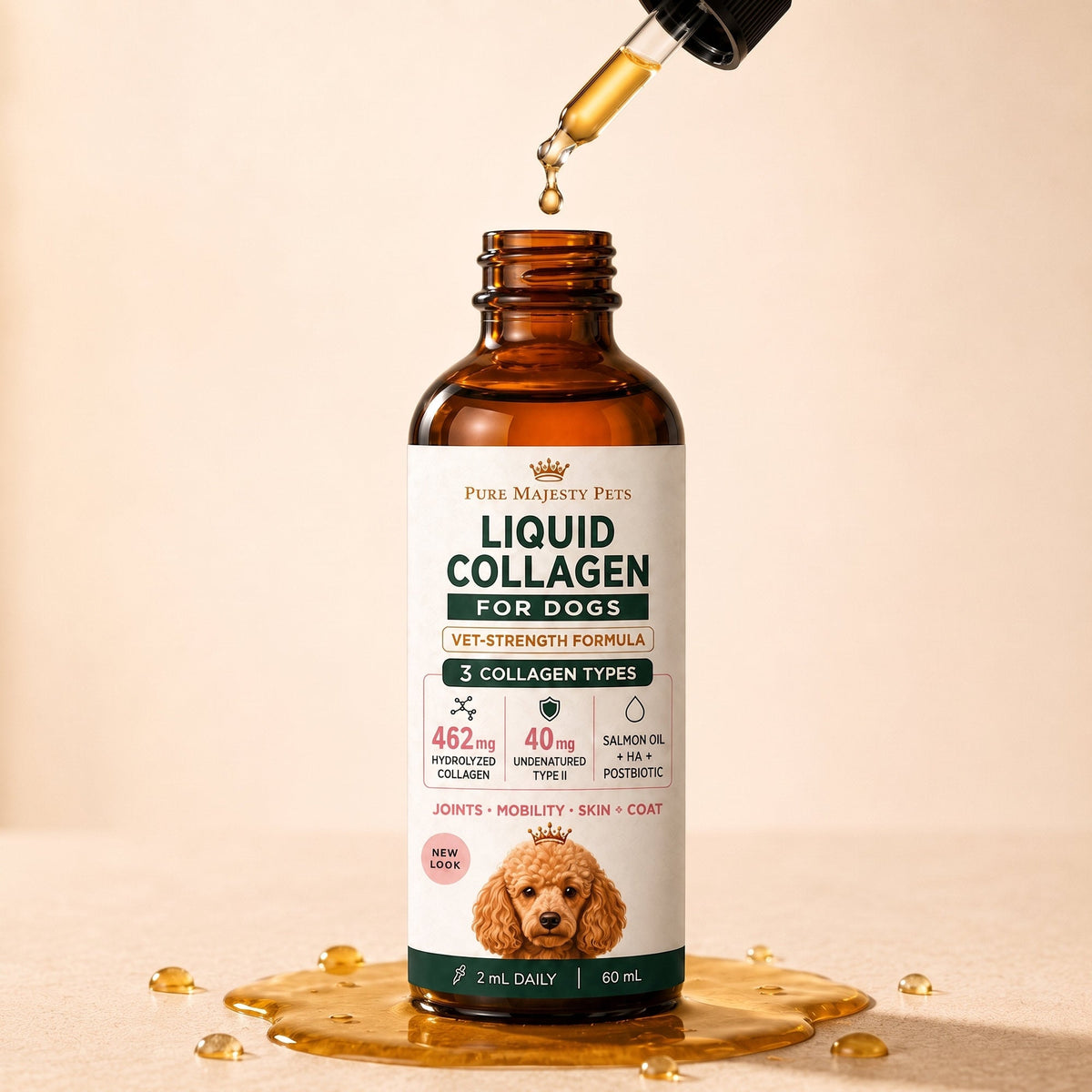 Colagénio líquido para cães Pure Majesty Pets — frasco âmbar com conta-gotas sobre fundo bege.