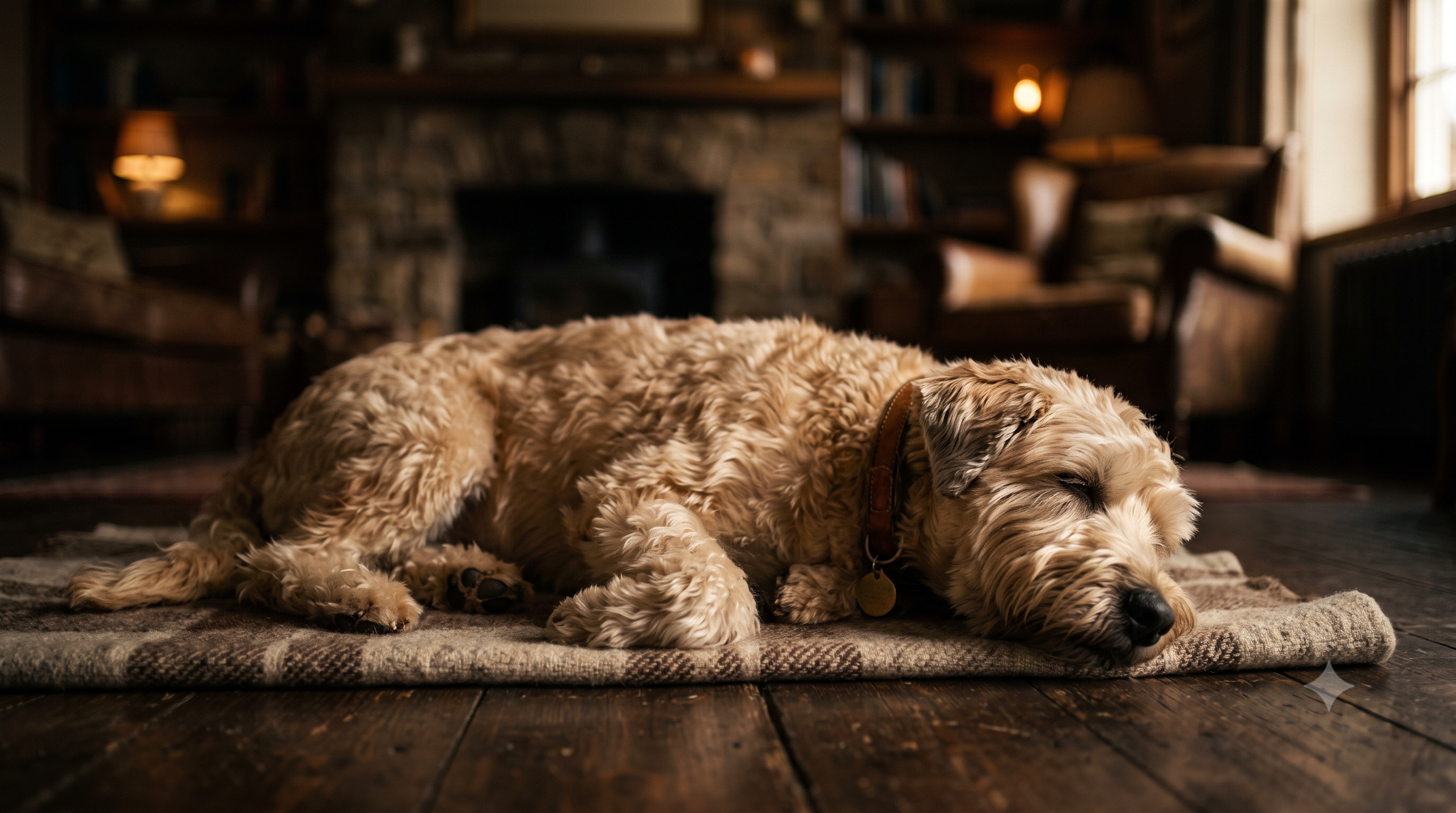 Soft-coated Wheaten Terrier with healthy skin and shiny coat resting calmly, allergy and immune support for itchy dogs