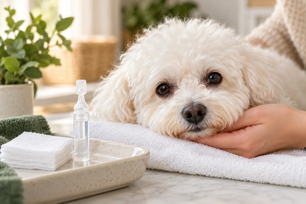 Hands preparing clean gauze beside a sterile saline ampoule while a dog rests its chin on a towel.
