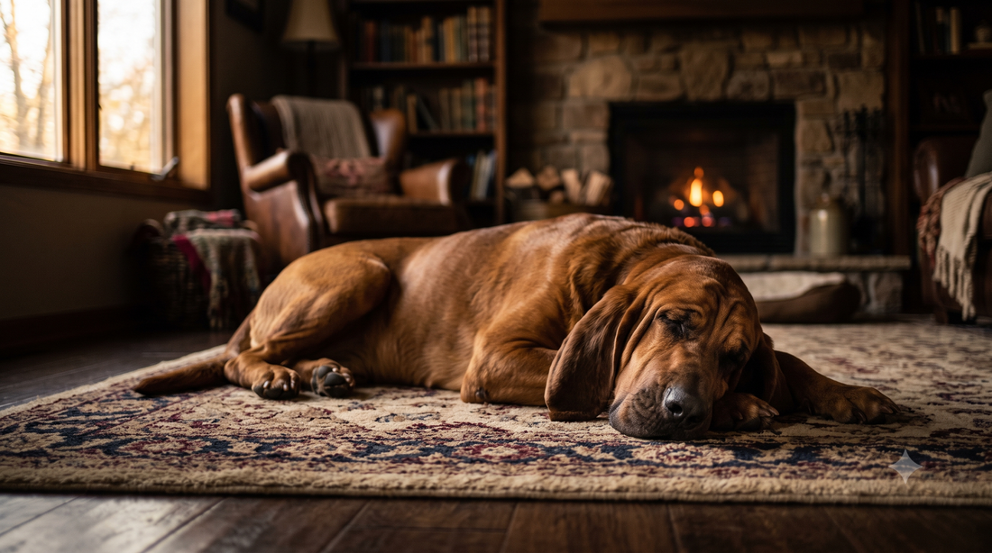 Bloodhound resting calmly indoors, guide to seizures in dogs causes and warning signs