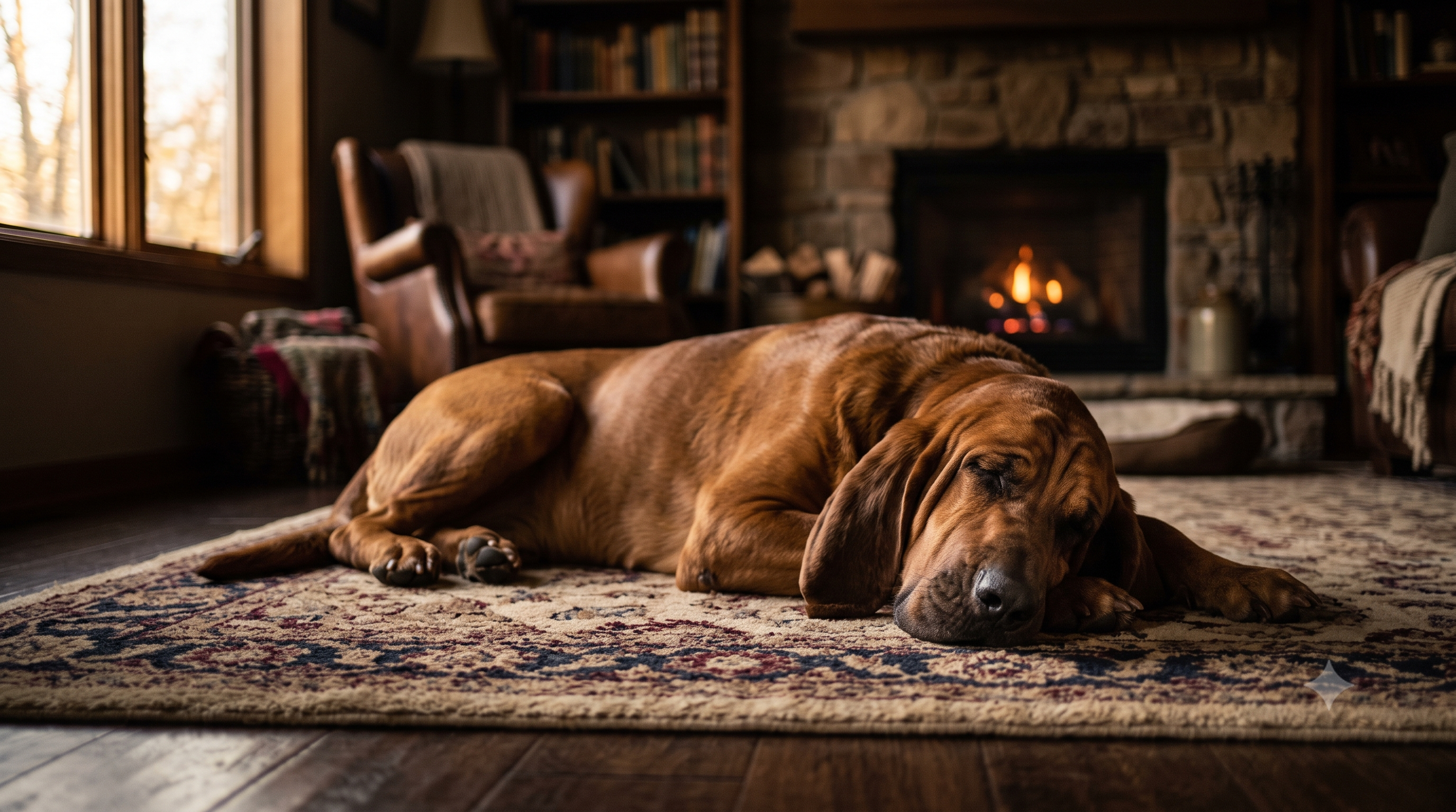Bloodhound resting calmly indoors, guide to seizures in dogs causes and warning signs