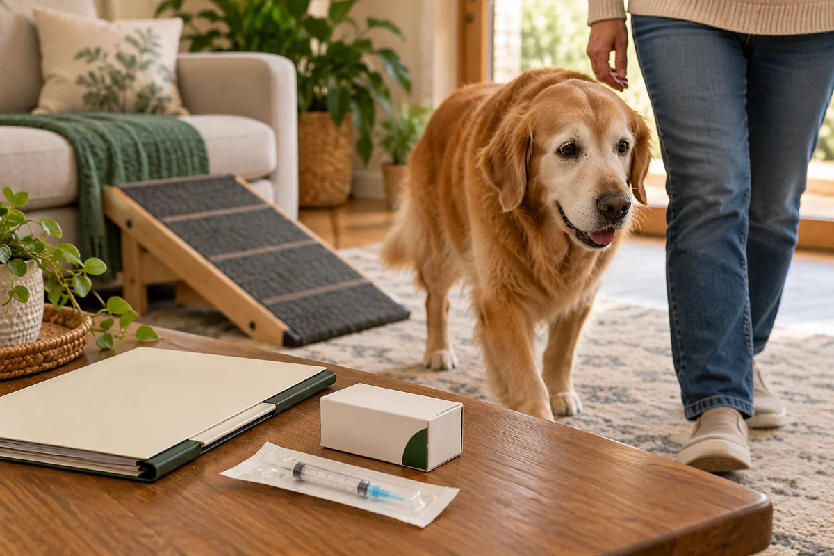 Senior dog walking beside its owner near a low ramp, with a closed prescription-care folder on a bench.